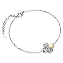 Silver (925) bracelet - clover pendant with white zirconias and gold-plated leaf