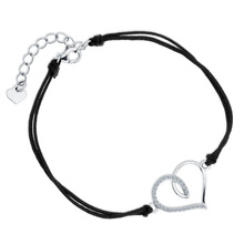 Silver (925) bracelet with double black cord - heart with white zirconias