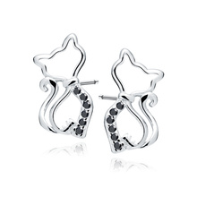 Silver (925) earrings cat with black zirconias