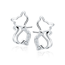 Silver (925) earrings cat with white zirconias