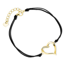 Silver (925) gold-plated bracelet with double black cord - heart with white zirconias