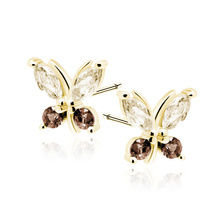 Silver (925) gold-plated earings - butterfly with orange and coffee zirconias
