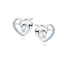 Silver (925) heart earrings - unicorn with aquamarine zirconias and white eye