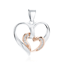 Silver (925) pendant - heart with smaller rose gold-plated heart with zirconias