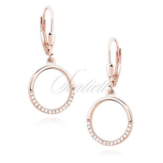 Silver (925) Earrings - cirlce with white zirconia, rose gold-plated