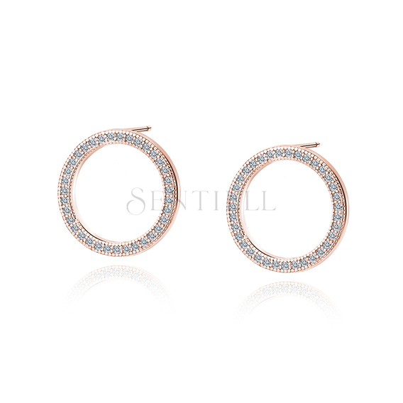 Silver (925) Earrings - cirlces with white zirconia - rose gold-plated