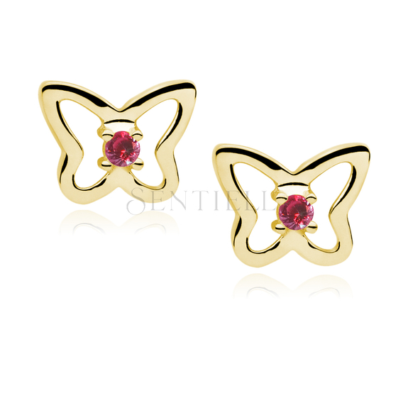 Silver (925) Earrings ruby zirconia - butterflies gold-plated