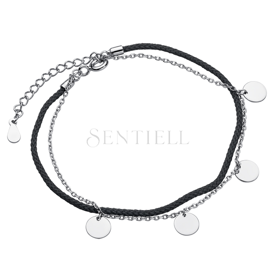 Silver (925) bracelet with black cord and circles on chain