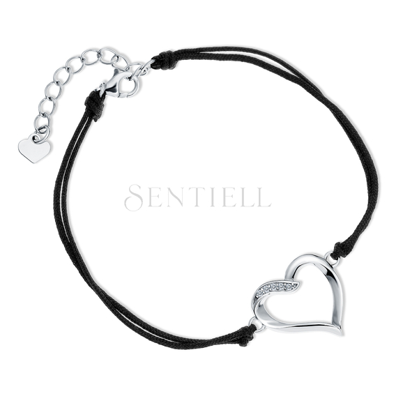 Silver (925) bracelet with double black cord - heart with white zirconias