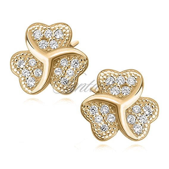 Silver (925) clover earrings with zirconia, gold-plated