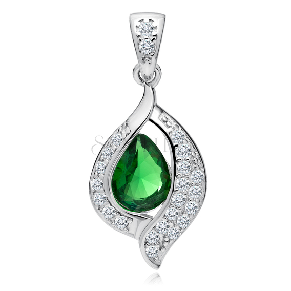 Silver (925) delicate pendant - emerald drop with white zirconias