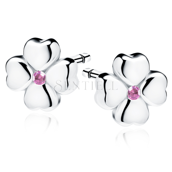 Silver (925) earrings clover with rose zirconia