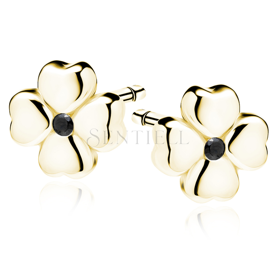 Silver (925) earrings gold-plated clover with black zirconia