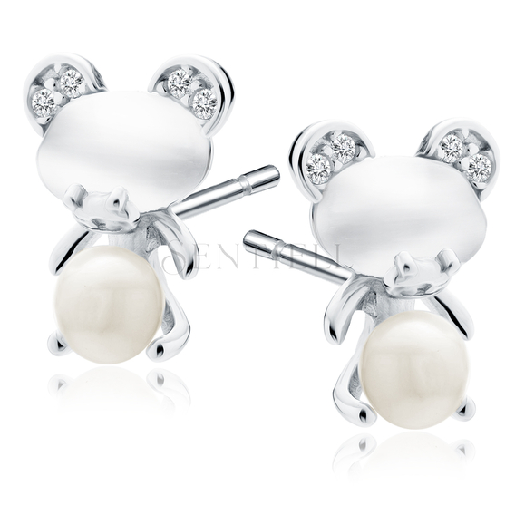 Silver (925) earrings - teddybear with white zirconias, ulexite and pearls