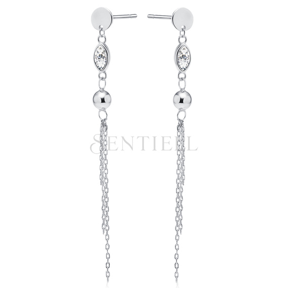 Silver (925) earrings with white zirconia, ball and chains