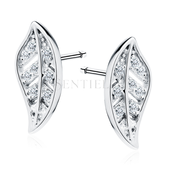 Silver (925) elegant earrings - leaf with zirconia