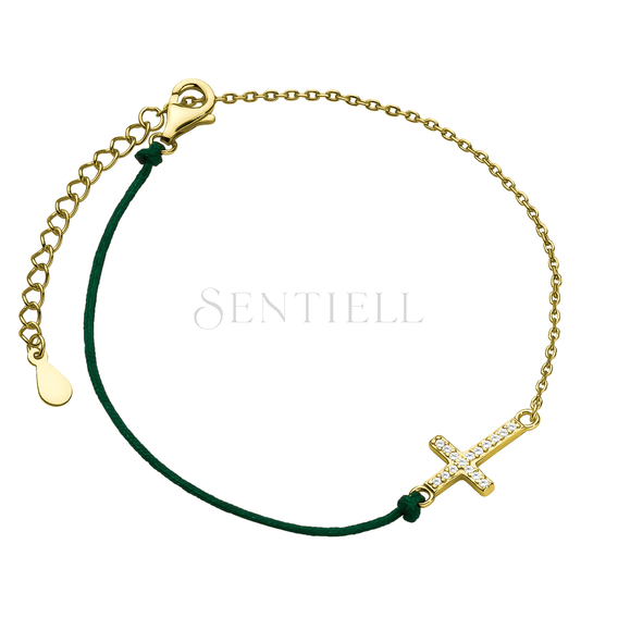 Silver (925) gold-plated bracelet with dark green cord - cross with zirconias