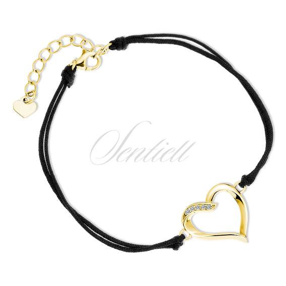 Silver (925) gold-plated bracelet with double black cord - heart with white zirconias