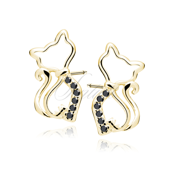 Silver (925) gold-plated earrings cat with black zirconias