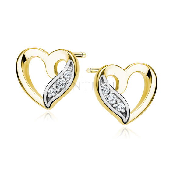 Silver (925) gold-plated earrings - hearts with white zirconias