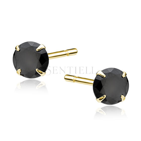 Silver (925) gold-plated earrings round black zirconia diameter 6mm