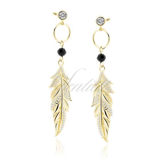 Silver (925) gold-plated earrings with black spinel and white zirconias - feather