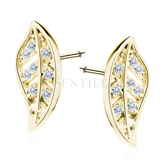 Silver (925) gold-plated elegant earrings - leaf with zirconia
