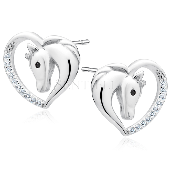 Silver (925) heart earrings - horse with black eye and white zirconias