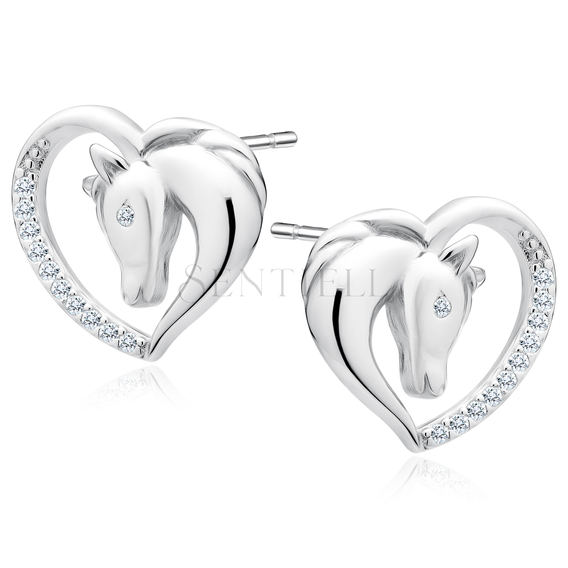 Silver (925) heart earrings - horse with white zirconias