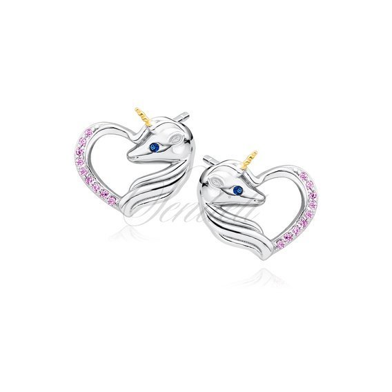 Silver (925) heart earrings - unicorn with pink zirconias and sapphire eye