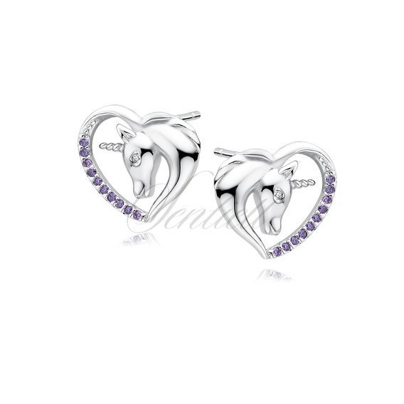 Silver (925) heart earrings - unicorn with violet zirconias and white eye