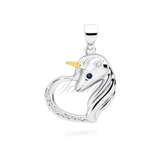 Silver (925) heart pendant - unicorn with white zirconias and sapphire eye
