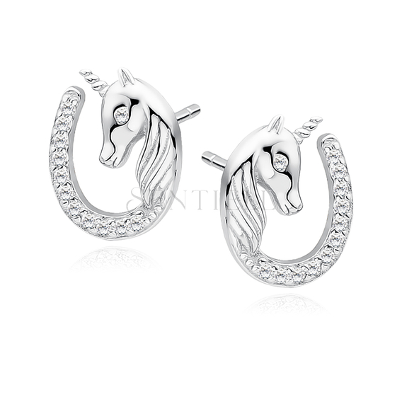 Silver (925) horseshoe earrings - unicorn with white zirconias