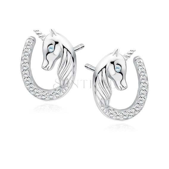 Silver (925) horseshoe earrings - unicorn with white zirconias and aquamarine eye