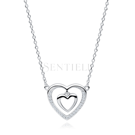 Silver (925) necklace - double heart with zirconias