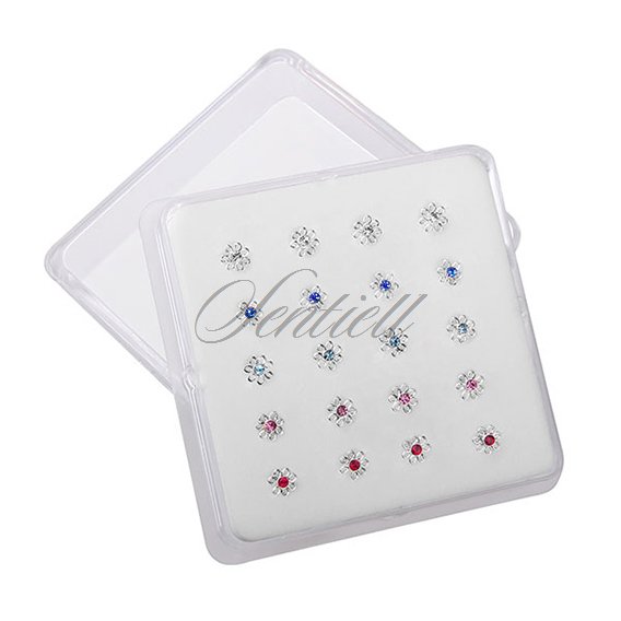 Silver (925) nose stud earrings flowers with zirconia in a box - various colours