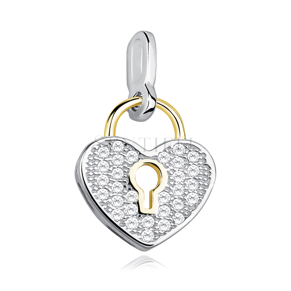 Silver (925) pendant - lock-heart with zirconias and gold plating