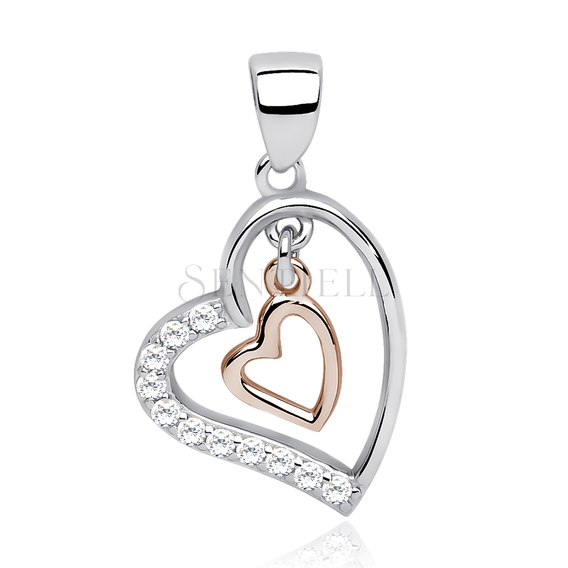Silver (925) pendant - rose gold-plated heart in heart with zirconia
