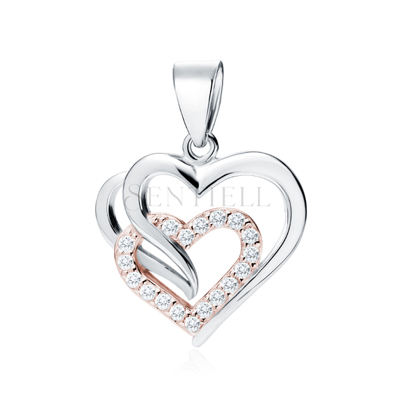 Silver (925) pendant - rose gold-plated triple heart with white zirconia