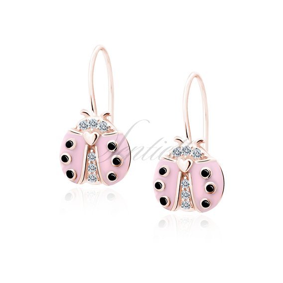 Silver (925) rose gold-plated earings - pink ladybug with zirconias