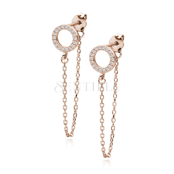 Silver (925) rose gold-plated earrings - circles with zirconias and chain