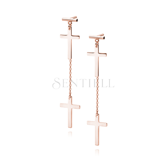 Silver (925)rose gold-plated earrings - crosses with chain