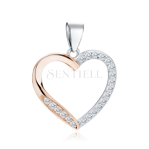 Silver (925) rose gold-plated pendant - hollow heart with zirconias
