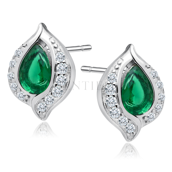 Silver, delicate earrings (925) emerald drop with white zirconias