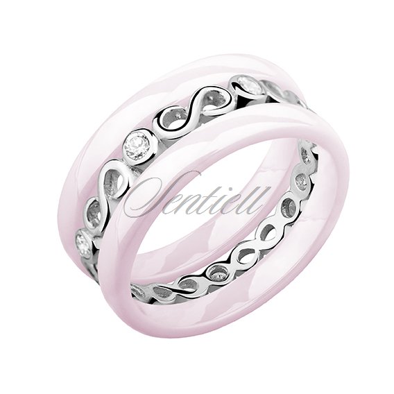 Two pink ceramic rings and silver ring with zirconia - Infinity