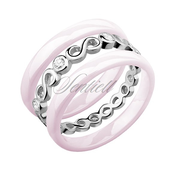 Two pink ceramic rings and silver ring with zirconia - Infinity