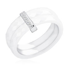 Double ceramic white ring, with silver (925) rectangular element with zirconia