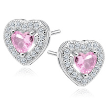 Silver (925) Earrings pink colored zirconia - hearts