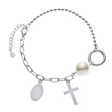 Silver (925) bracelet - two types of chain, circle, oval plate, cross and pearl