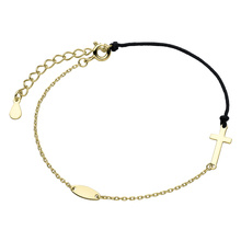 Silver (925) bracelet with black cord - gold-plated cross